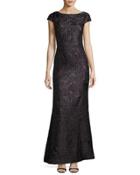 Cap-sleeve Jacquard Gown, Gray/black