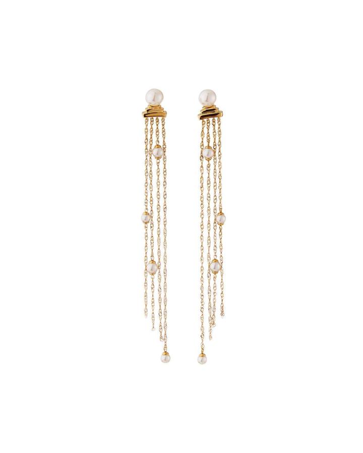 Long Pearly Chain Earrings, Golden