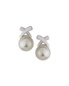 Rhodium-plated Pearl X Stud Earrings, White
