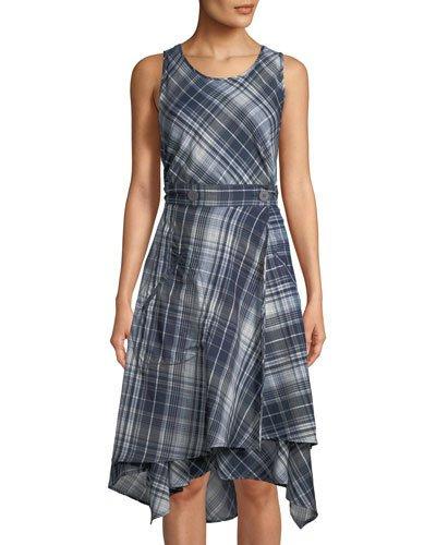Sleeveless High-low Wraparound Plaid Dress