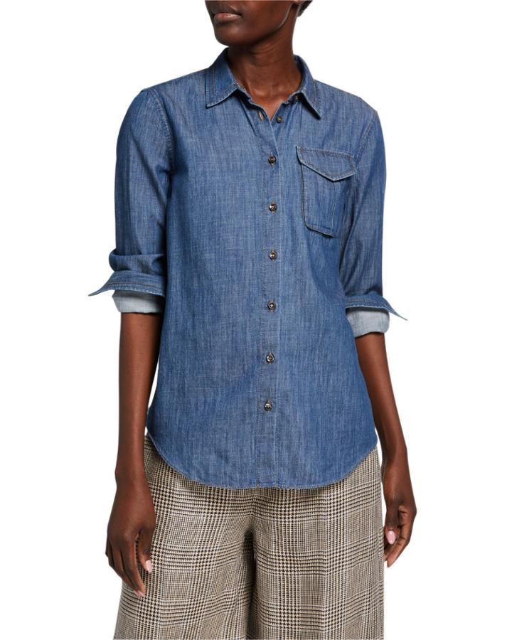 Safari-pocket Denim Button-front Blouse