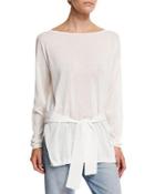 Elise Long-sleeve Semisheer Cropped-back Top, Ivory