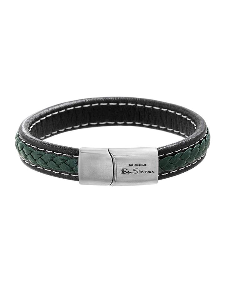 Men's Braided Leather Bracelet, Green/black