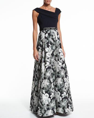 Asymmetric-neck Floral Skirt Ball Gown