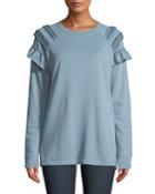 Shoulder-fringe Crewneck Sweatshirt, Blue