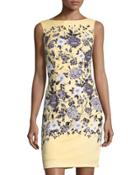 Trailing Rose Scuba Sheath Dress, Yellow/gray