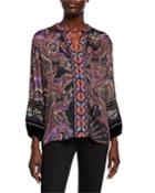 Plus Size Printed Blouse With Front Embroidery & Velvet Trim