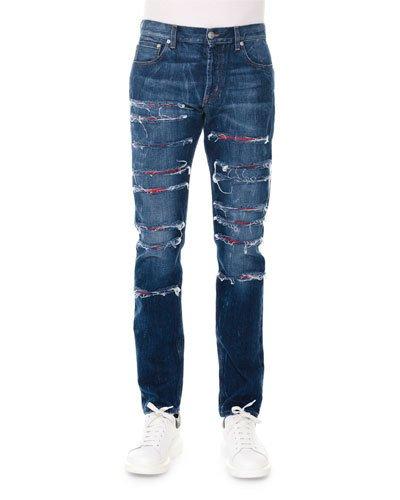 Straight-leg Slashed Selvedge Denim Jeans, Blue