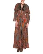 Long-sleeve Printed Pliss&eacute; Silk Gown With Capelet, Red