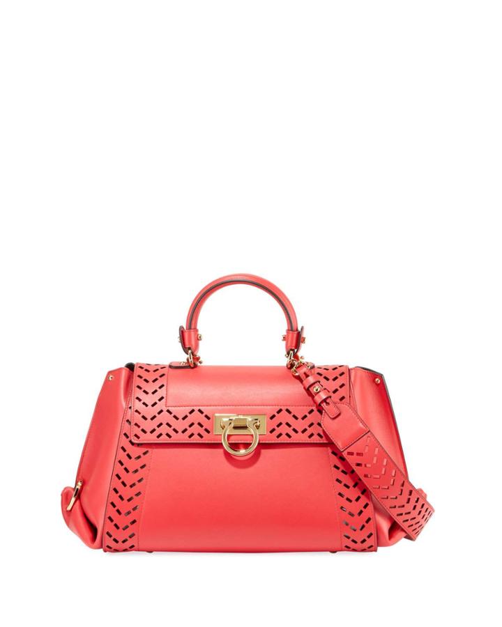Cutout Leather Top-handle Bag, Red
