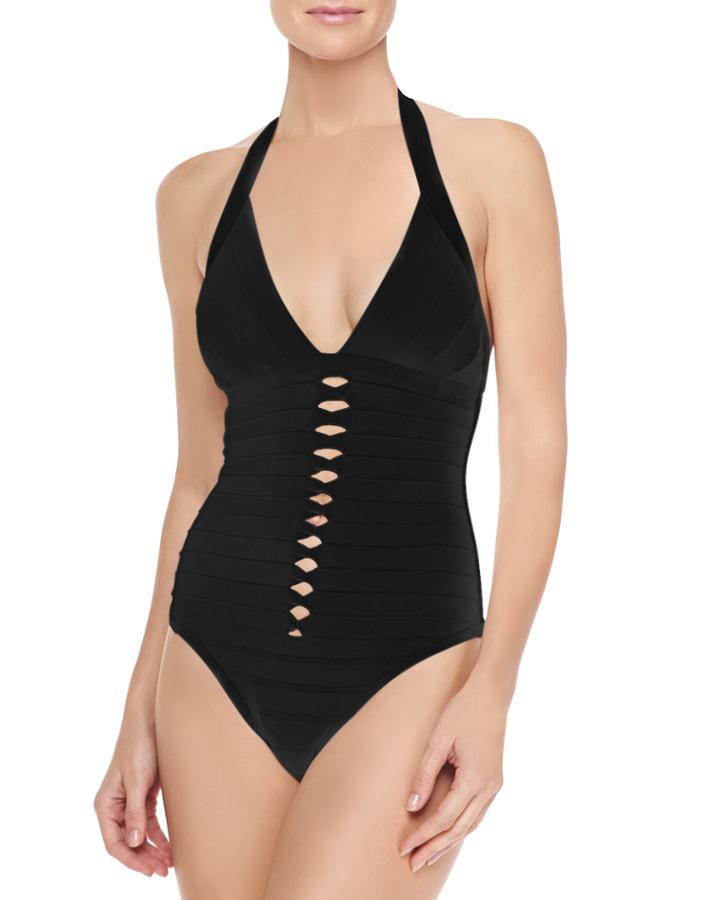 Herve Leger Michelli Cutout-front Bandage Swimsuit, Women's, Size: X-small/2-4, Black