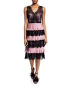 V-neck Sleeveless Tiered Scallop Lace & Pleated Lame Cocktail Dress