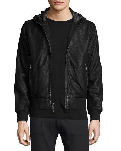 Leather Hooded Bomber Jacket, Black