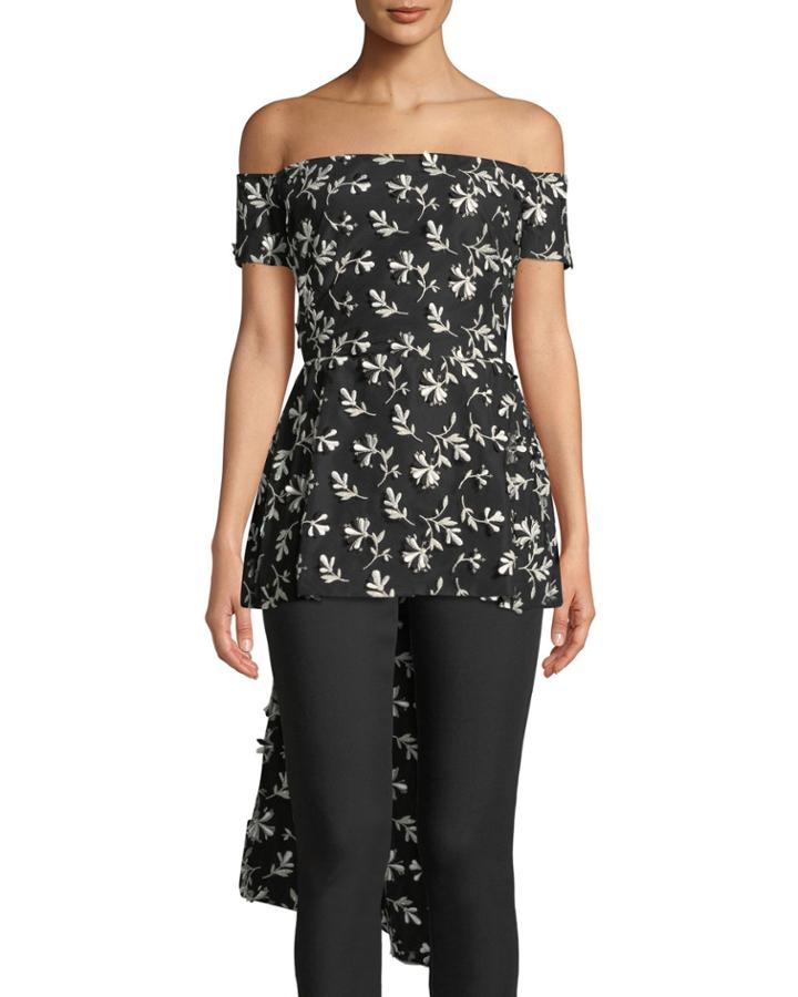 Off-the-shoulder Bow-back Floral-embroidered Top