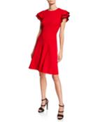 Flutter-sleeve Scuba-crepe Fit-and-flare Dress