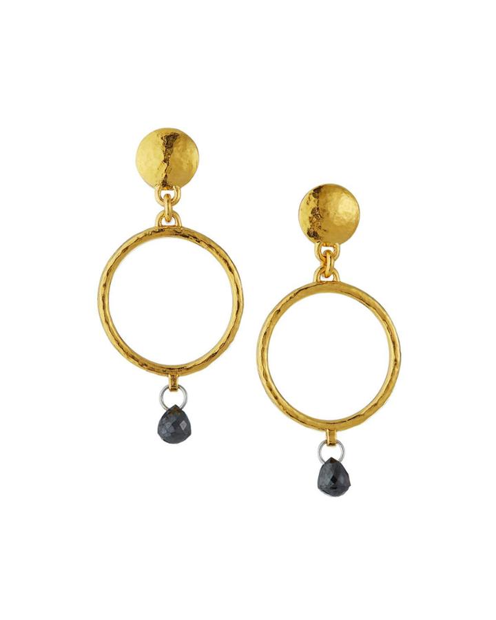 22k Cap-drop Black Diamond Hoop Earrings