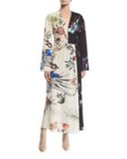 Long-sleeve Floral-print Bi-color V-neck Shirred Wrap Dress