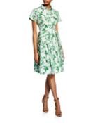 Leaf Printed Fit-&-flare Button Front Dress
