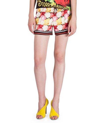 Floral-print Drawstring-waist Shorts, Rose/fuchsia