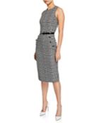 Houndstooth Belted Sleeveless Sheath Dress, Black/white