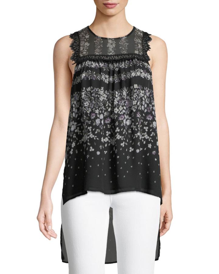 Lace-trimmed Floral High-low Blouse
