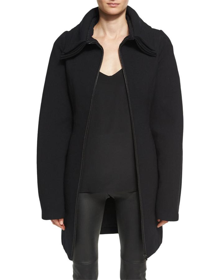 Layered-collar Wool Crepe Zip-front Coat, Black