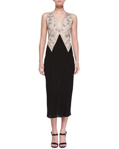 Sleeveless Embroidered Plunge-neck Dress