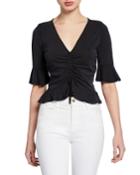 V-neck Elbow-sleeve Crop Ruffle Top W/ Ruching Detail