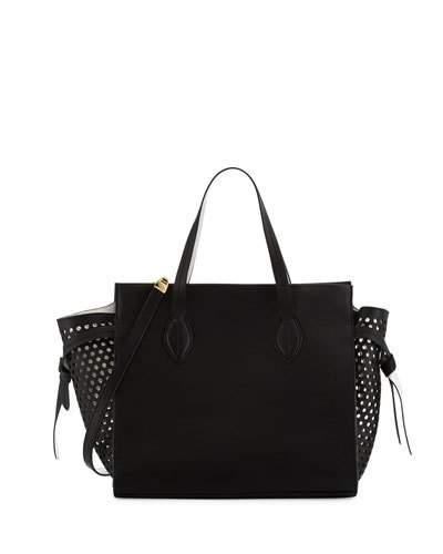 Miranda Leather Perforated Tote Bag, Black/white