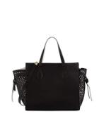 Miranda Leather Perforated Tote Bag, Black/white