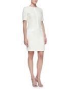Short-sleeve Drop-waist Tweed Dress, Ivory