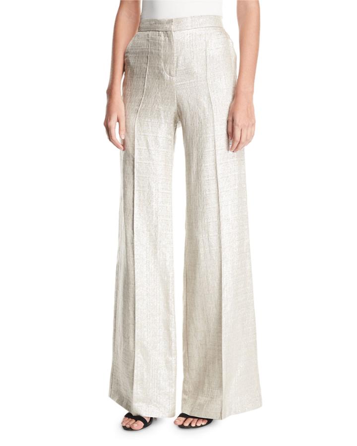 Wide-leg Metallic Silk/linen Pants