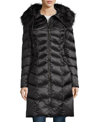 Emma Hooded Down Chevron Coat, Ebony