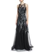 Embroidered Illusion Sleeveless Gown, Black/silver