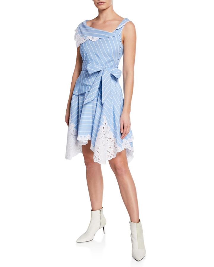 One-shoulder Striped Wrap Dress W/ Cutout Embroidery