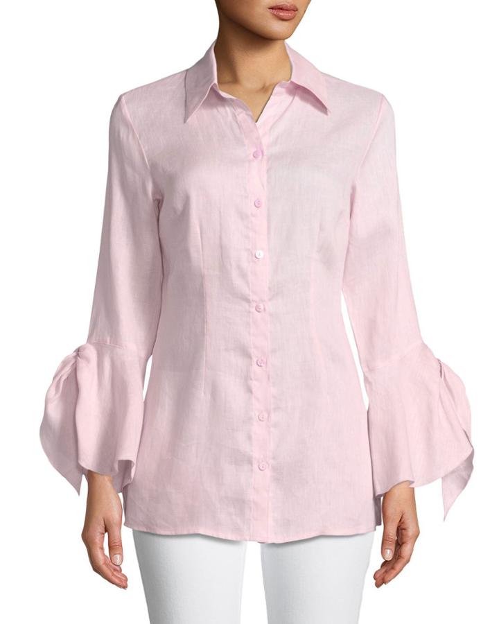 Linen Tie-cuff Button-front Blouse