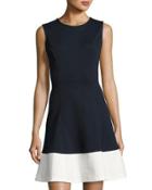 Contrast-hem Fit-and-flare Dress, Blue/white