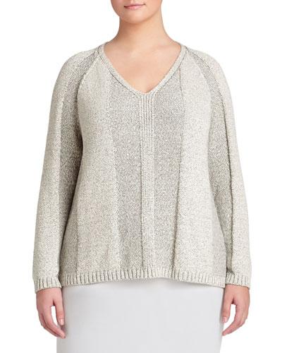 Paneled-stitch V-neck Sweater, White,