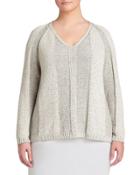 Paneled-stitch V-neck Sweater, White,