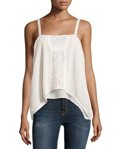 Sleeveless Sheer Lace-trim Woven Top, Ivory