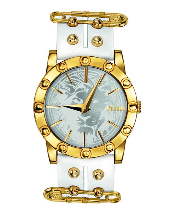 Miami 40mm Studded Watch W/ Split Leather Strap, White/gold