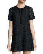 Short-sleeve Lace-overlay Shift Dress, Black