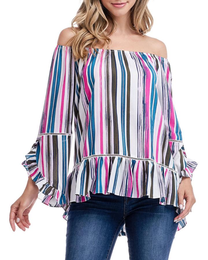 Off-the-shoulder Striped Ruffle-trim Top