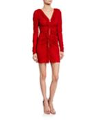 Lace Ruffle Mini Long-sleeve Dress, Red