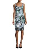 Sleeveless Painterly Floral-print Sheath Dress, Black