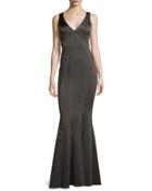 Fitted V-neck Satin Gown, Black