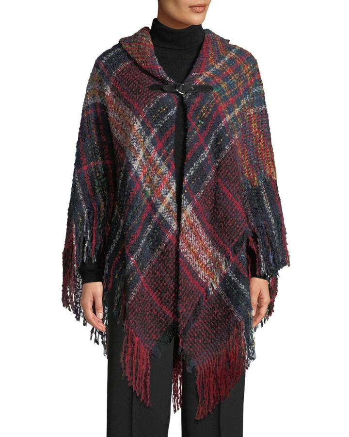 Boucle Plaid Buckle-front Cape