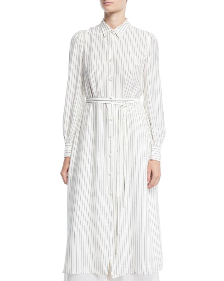 Long-sleeve Button-front Belted Striped Satin Long
