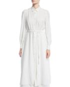 Long-sleeve Button-front Belted Striped Satin Long