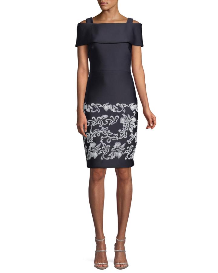 Cold-shoulder Sheath Dress W/ Embroidered Hem
